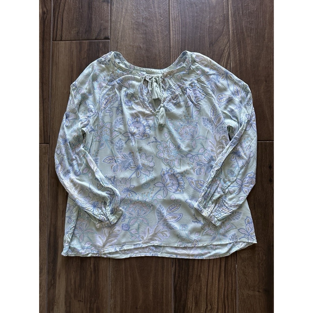 Lucky Brand Mint Green Floral Paisley Peasant Top Tassel Tie‎ Blouse Large